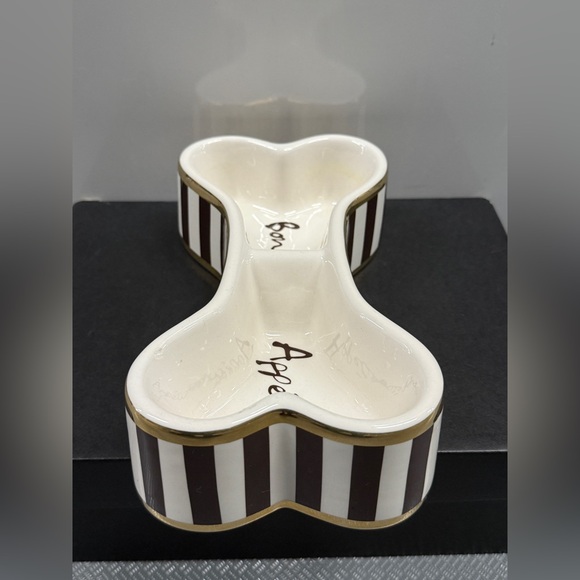 Henri Bendel NY Bone Appetit Dog Bowl Brown & White Stripe Gold Band - Picture 6 of 7